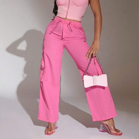 Hot Pink Casual Womens Zipper Patch Pocket Side Pants - Picture 4 of 5